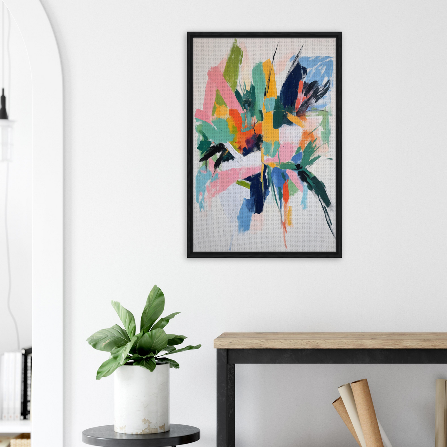 Colorful abstract painting in black frame showcasing Teal Dream Eruptions by Fashion Oracle™