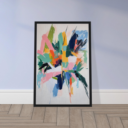 Framed abstract painting ’Teal Dream Eruptions’ showcasing vibrant, dynamic shapes for room decor