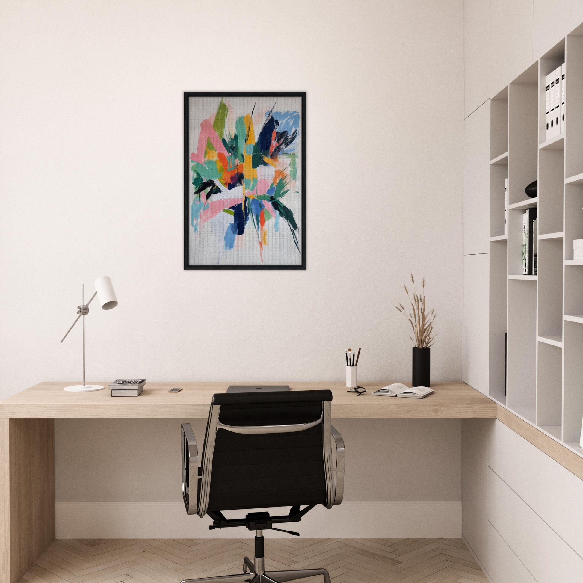 Minimalist home office featuring Teal Dream Eruptions artwork and chic room decor