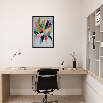 Minimalist home office featuring Teal Dream Eruptions artwork and chic room decor