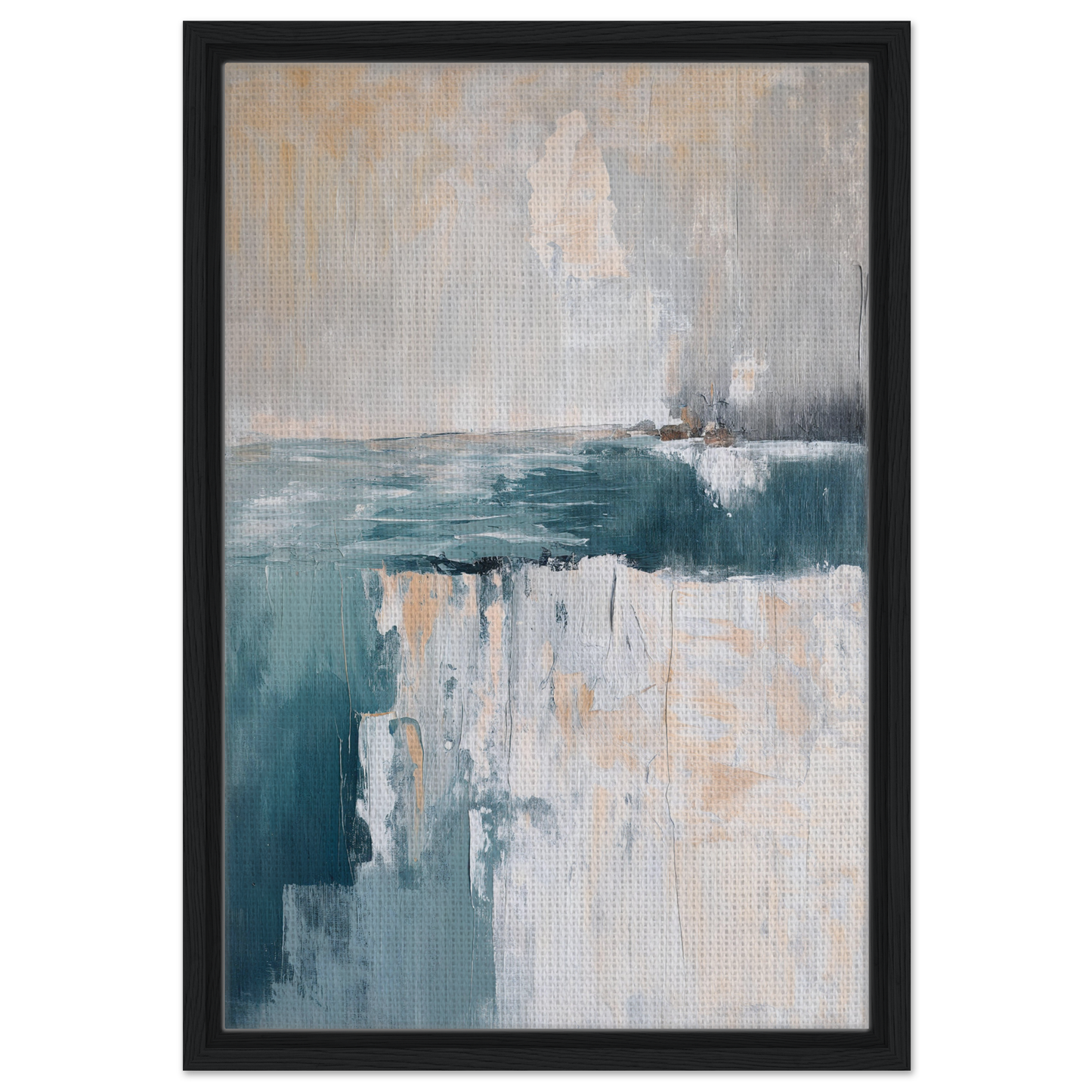 Abstract painting in teal and beige, part of the Teal Erosion Dream framed canvas print