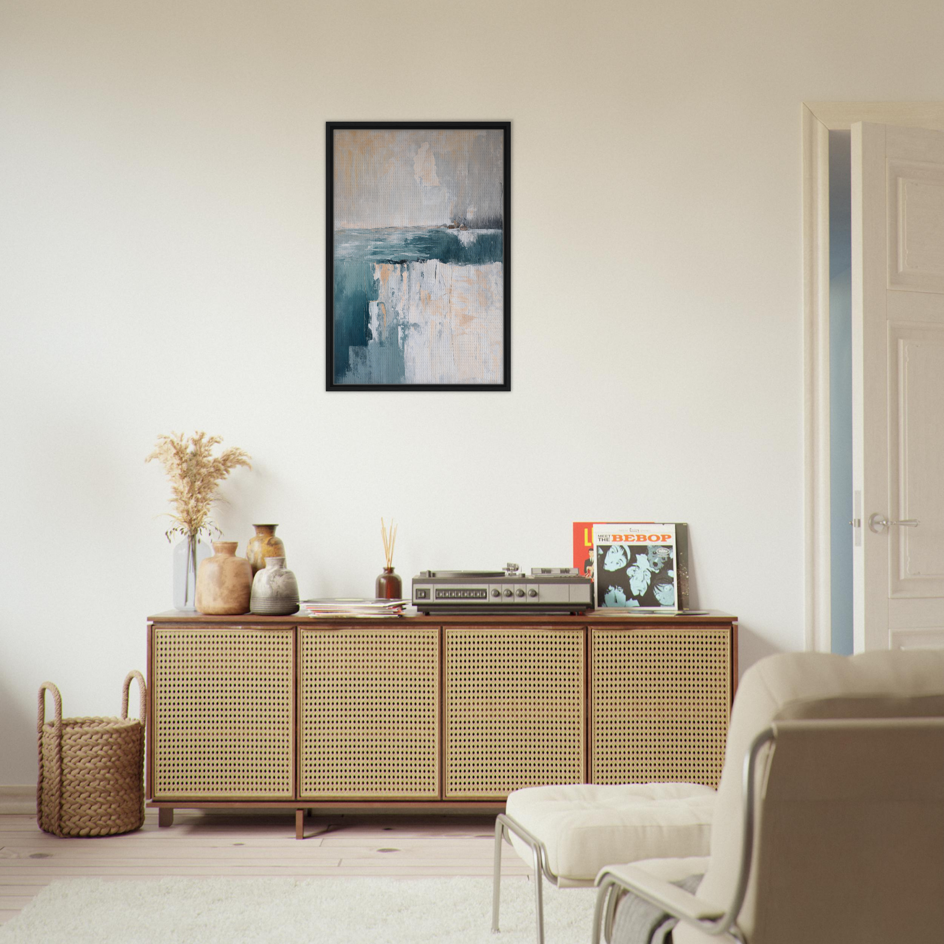 Wooden sideboard with cane-webbed doors, styled as Teal Erosion Dream room decor