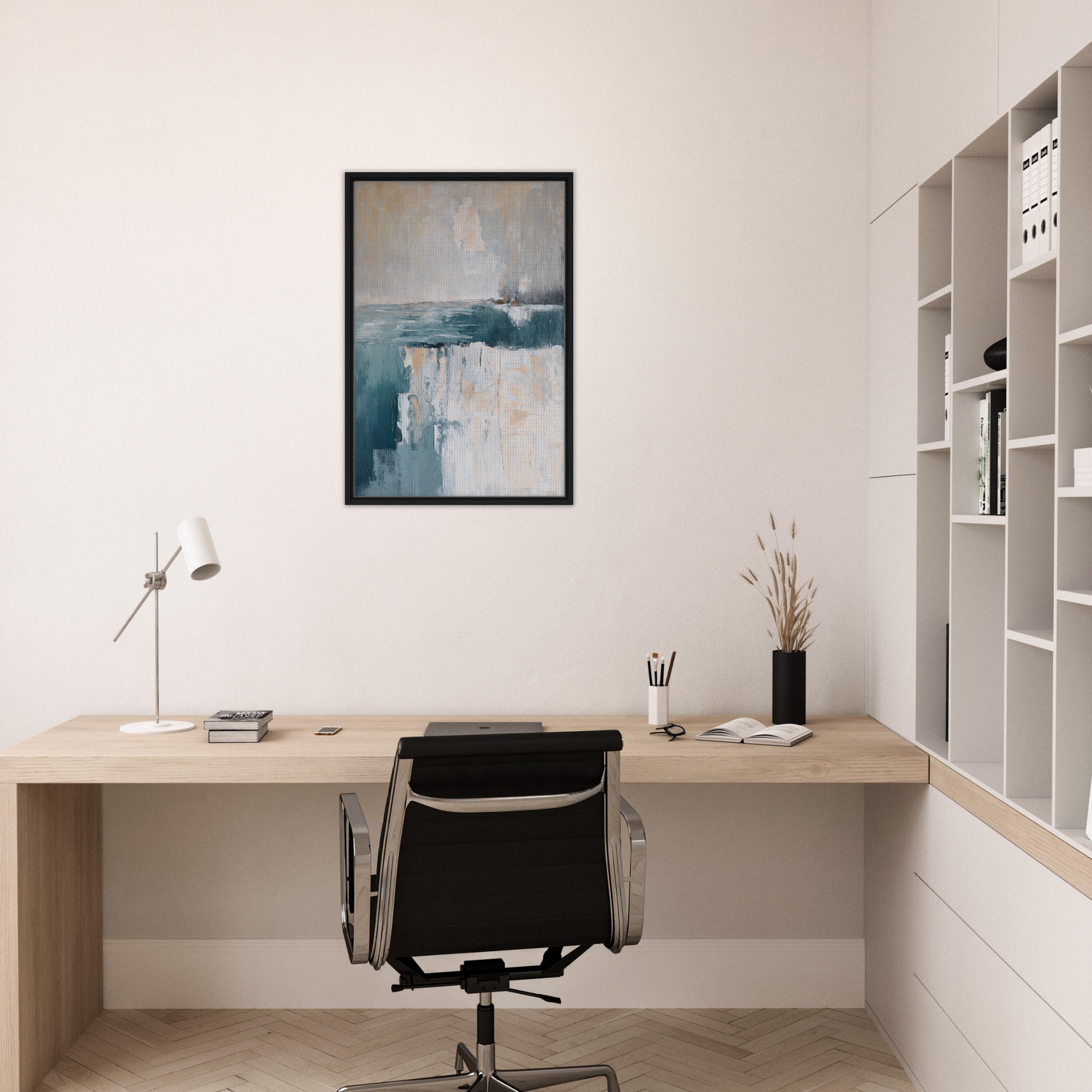 Minimalist wooden desk and black office chair in a Teal Erosion Dream home office setting