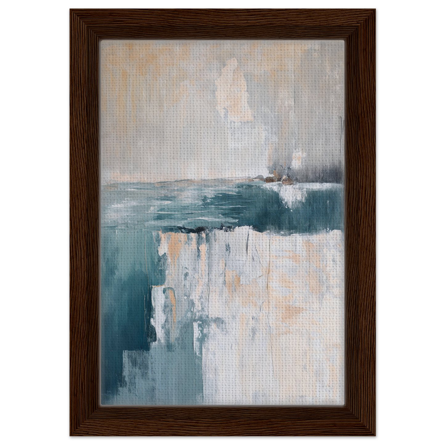 Abstract painting in muted teal and white tones framed, part of Teal Erosion Dream room decor