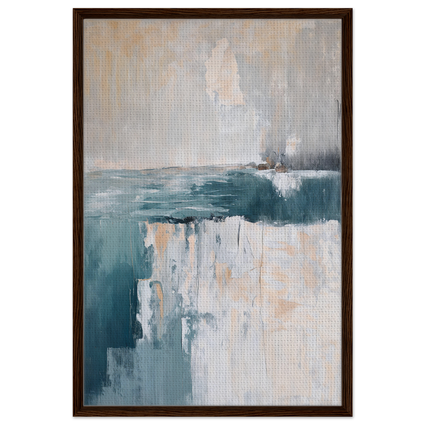 Abstract painting in muted teal and white, part of the Teal Erosion Dream framed canvas print