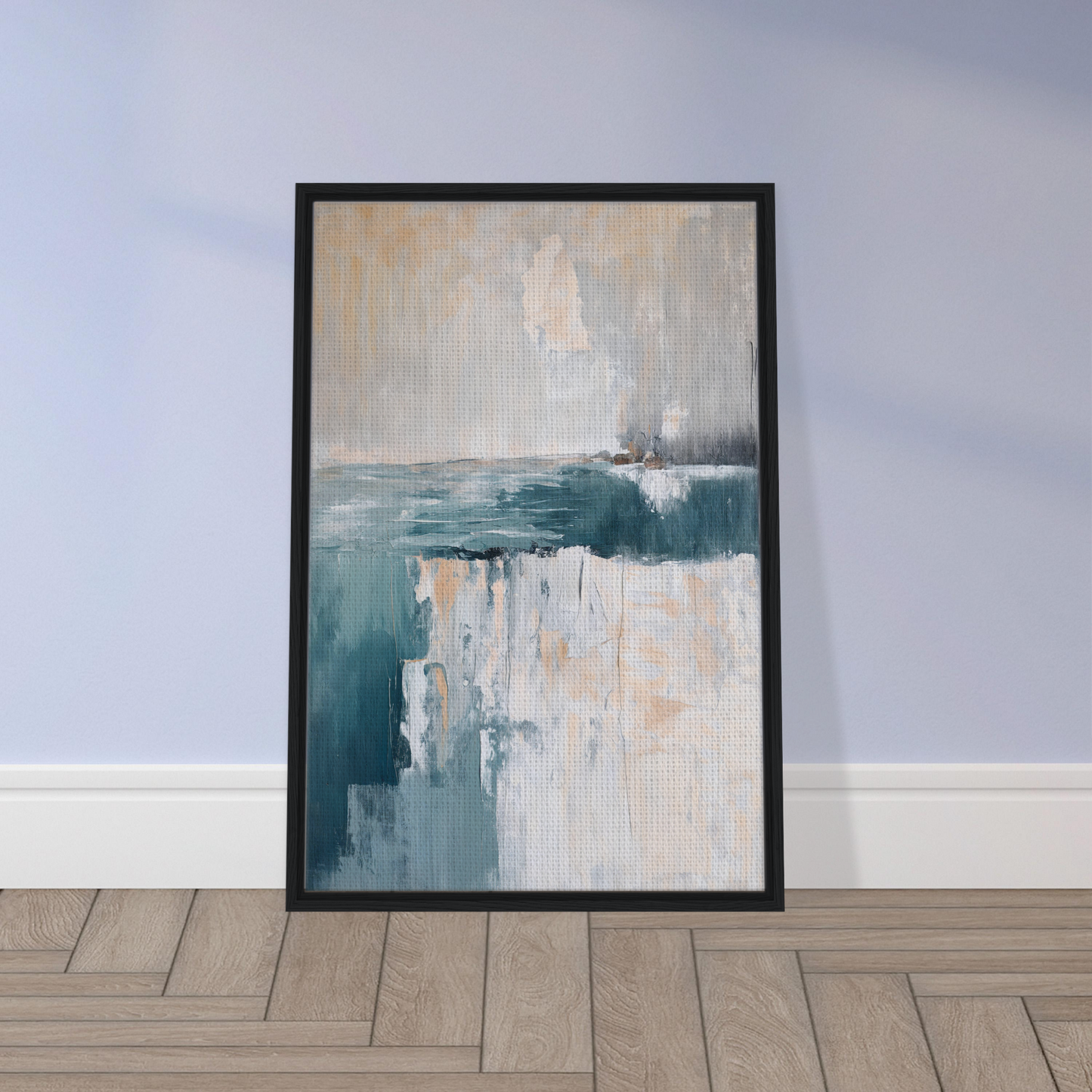 Abstract painting in teal and beige tones, framed canvas print, Teal Erosion Dream