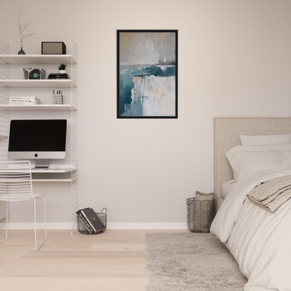 Minimalist bedroom showcasing Teal Erosion Dream framed canvas print and modern decor