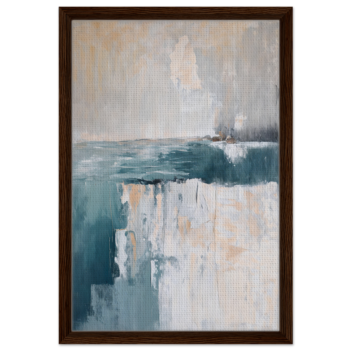 Abstract painting in muted teal and white tones for Teal Erosion Dream framed canvas print