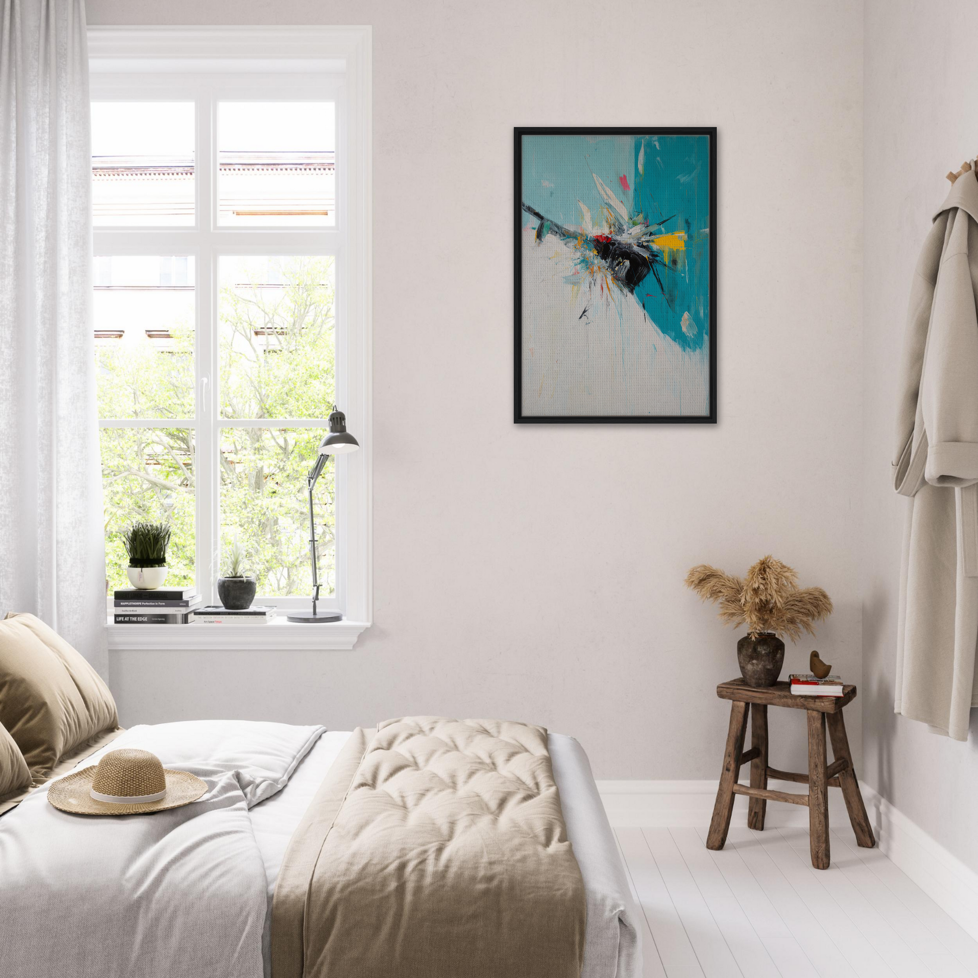 Bright bedroom with white decor and Teal Explodes Perception framed canvas print