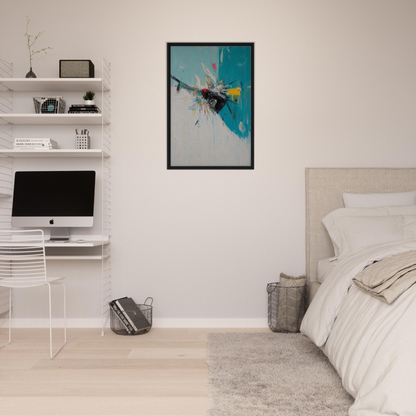 Minimalist bedroom with white walls and Teal Explodes Perception modern art as room decor