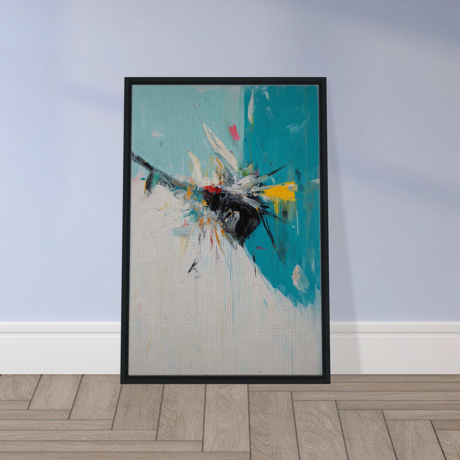 Framed abstract painting titled Teal Explodes Perception featuring vibrant colors on turquoise