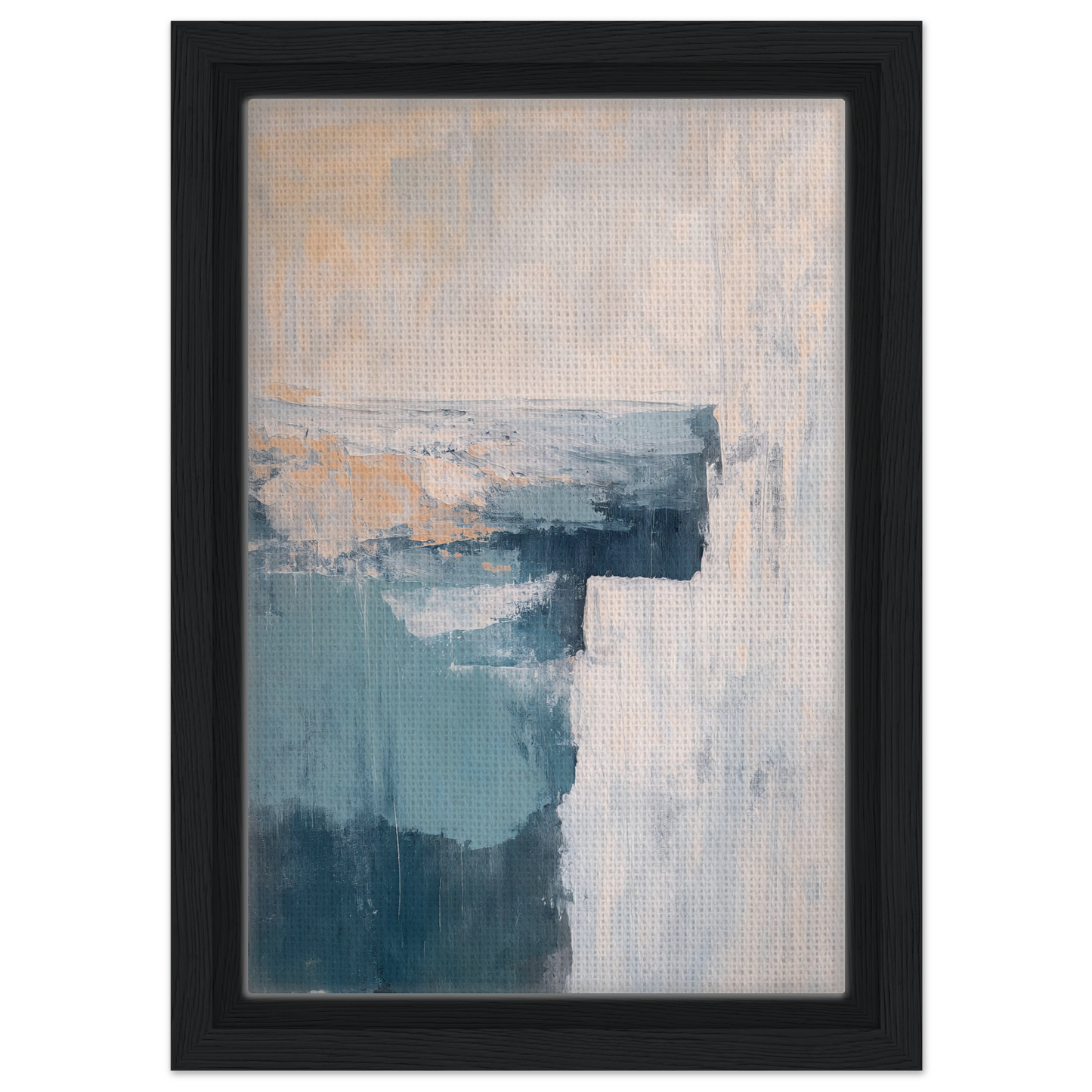 Abstract painting in muted blue, gray, and peach tones of Teal Horizon Dreams framed print