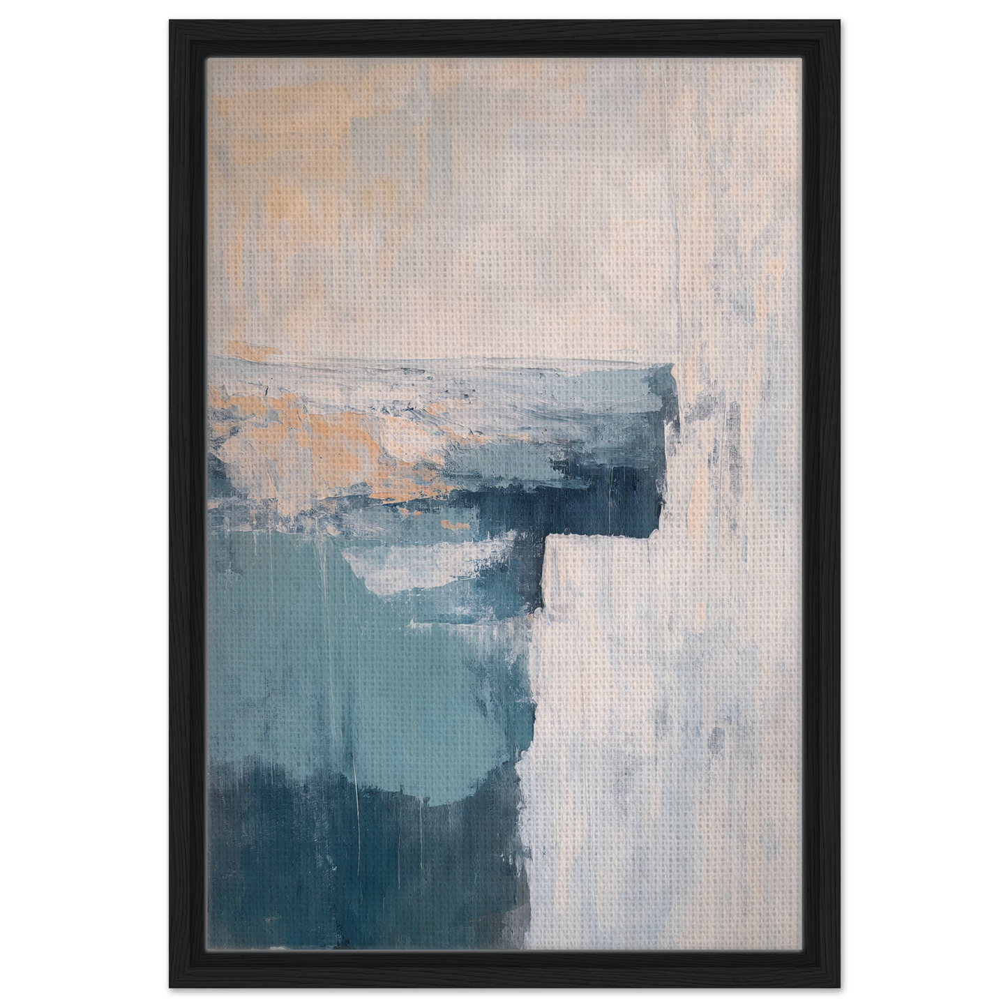 Abstract painting in muted blue and white with peach accents for Teal Horizon Dreams room decor