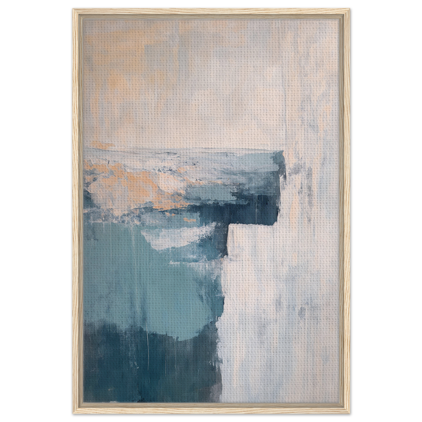 Abstract painting in muted teal and gray tones with peach accents from Fashion Oracle™ Teal Horizon Dreams Framed Canvas Print