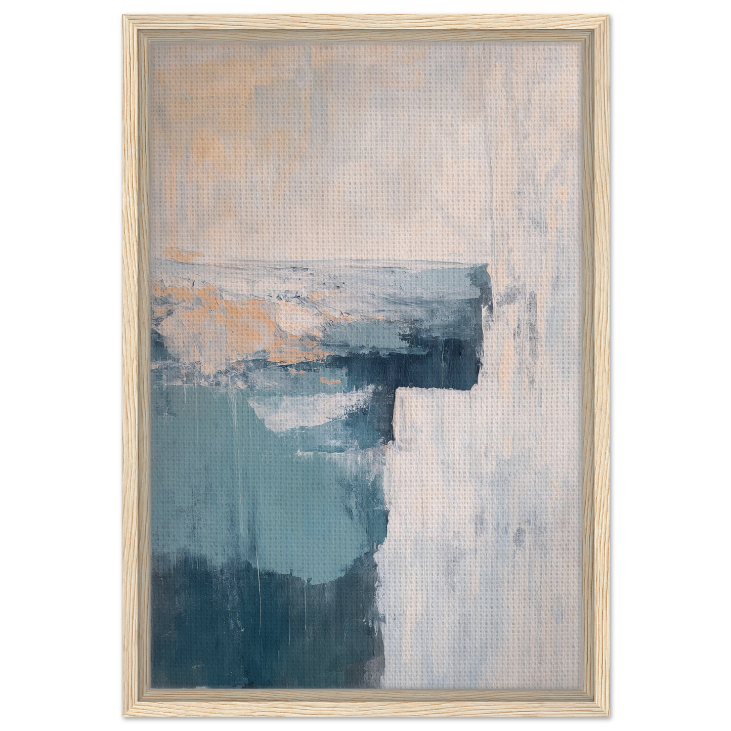 Abstract painting in muted blue, gray, and peach for Teal Horizon Dreams framed canvas print