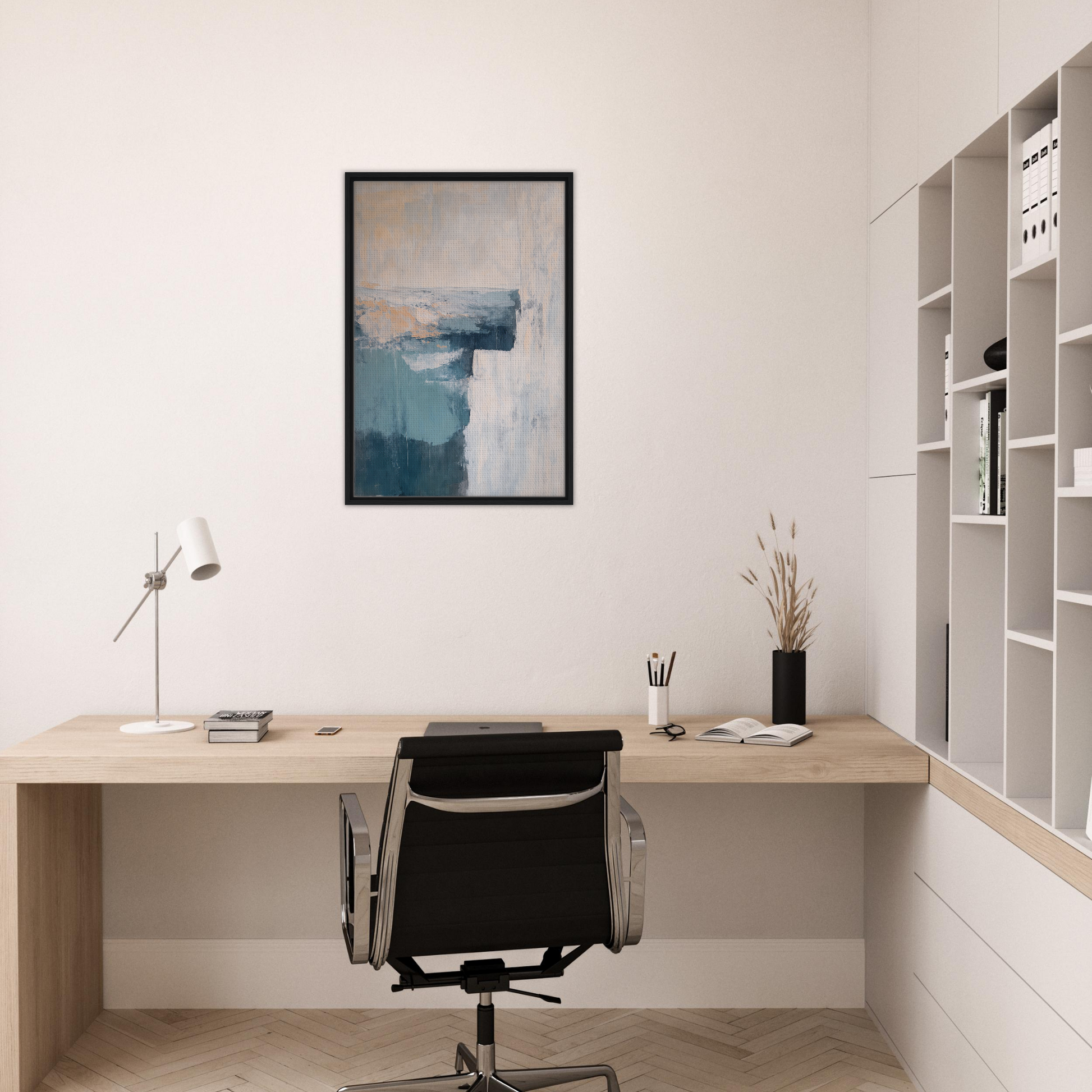 Minimalist home office with Teal Horizon Dreams decor, wooden desk and black chair