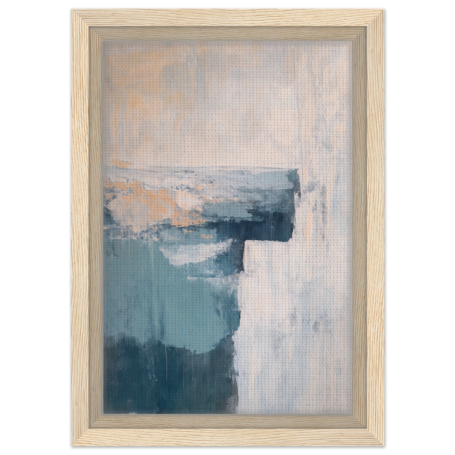 Abstract painting in muted blue, gray, and peach tones for Teal Horizon Dreams framed canvas print