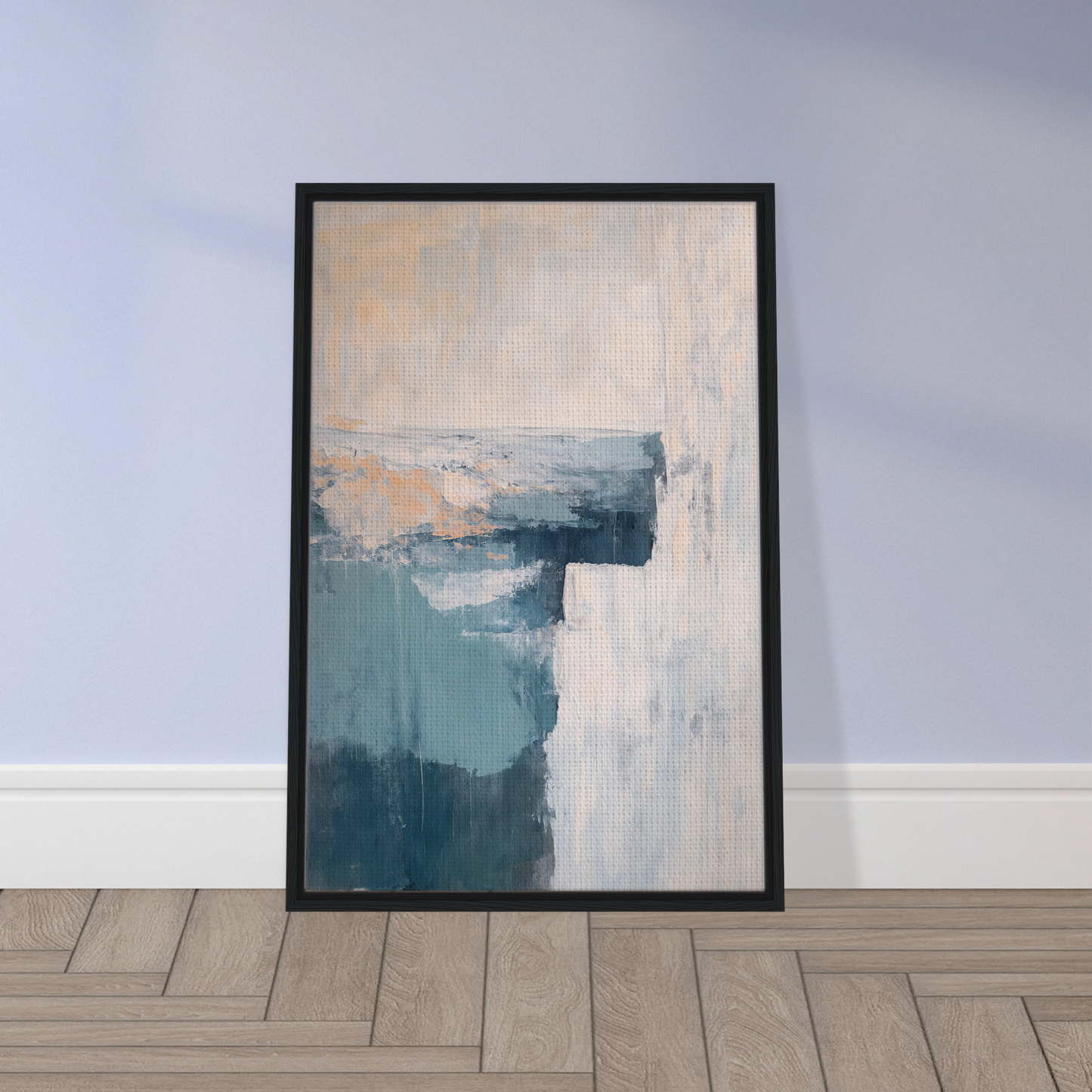 Framed canvas print of Teal Horizon Dreams in muted blue and beige tones