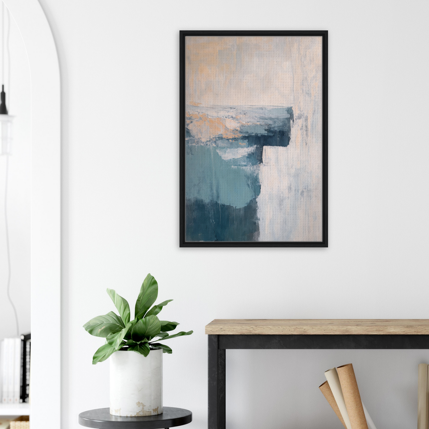 Abstract painting in muted blue and beige tones, a stylish addition to Teal Horizon Dreams room decor