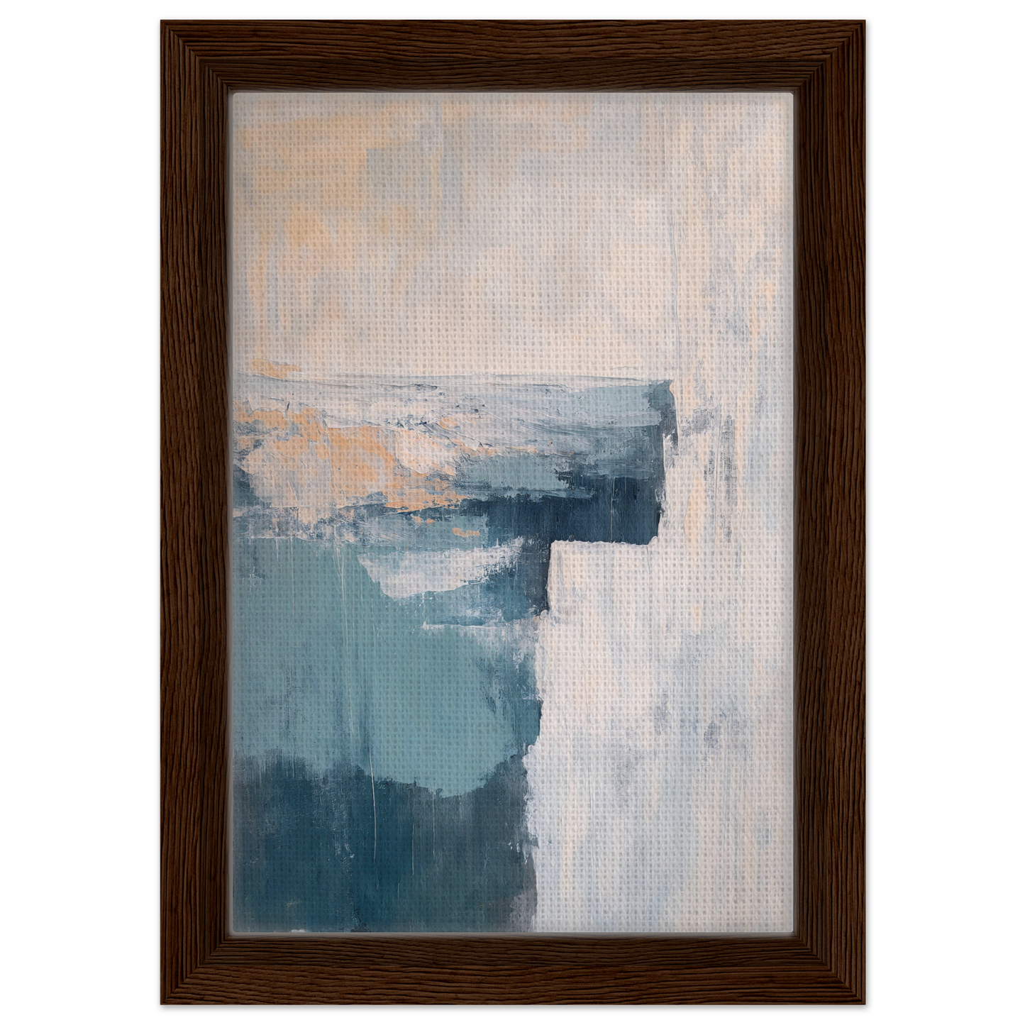 Abstract painting in muted blue and gray tones with peach accents, Teal Horizon Dreams framed canvas print