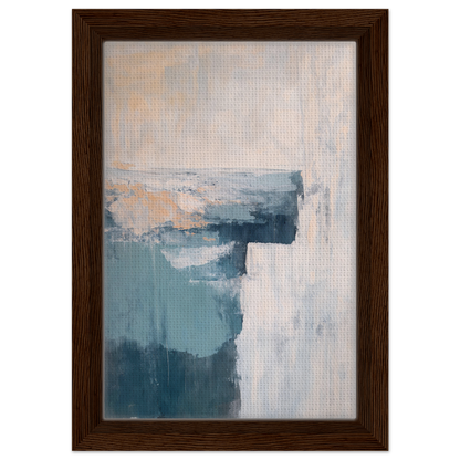 Abstract painting in muted blue and gray tones with peach accents, Teal Horizon Dreams framed canvas print