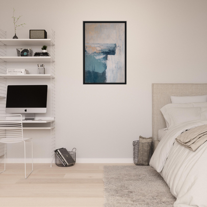 Minimalist bedroom featuring Teal Horizon Dreams room decor with white walls and abstract artwork