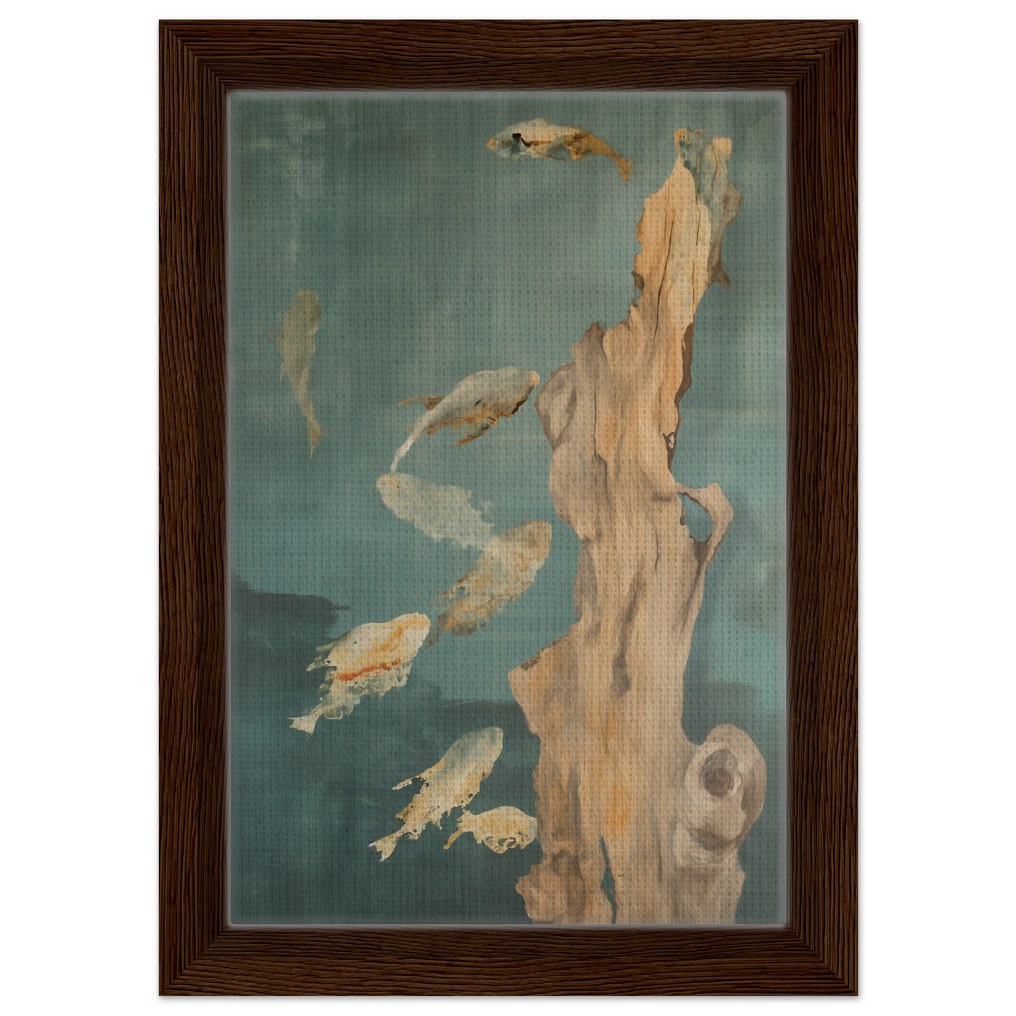 Framed canvas print of Teal Reverie Flow with abstract fish shapes and driftwood design