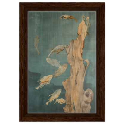 Framed canvas print of Teal Reverie Flow with abstract fish shapes and driftwood design