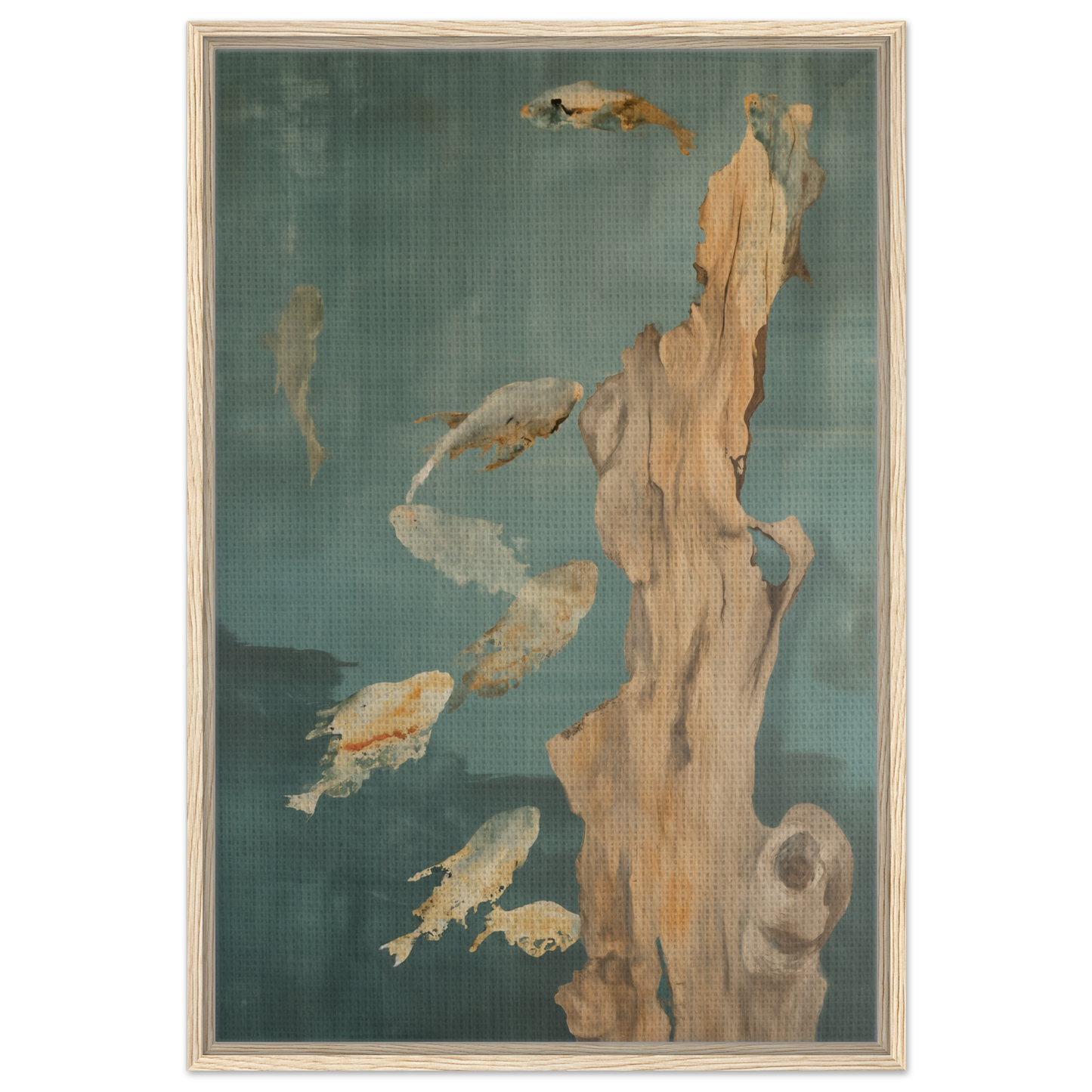 Abstract painting of fish around driftwood form, ideal for Teal Reverie Flow room decor