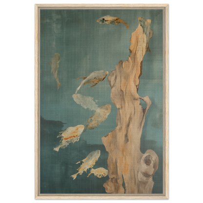 Abstract painting of fish around driftwood form, ideal for Teal Reverie Flow room decor