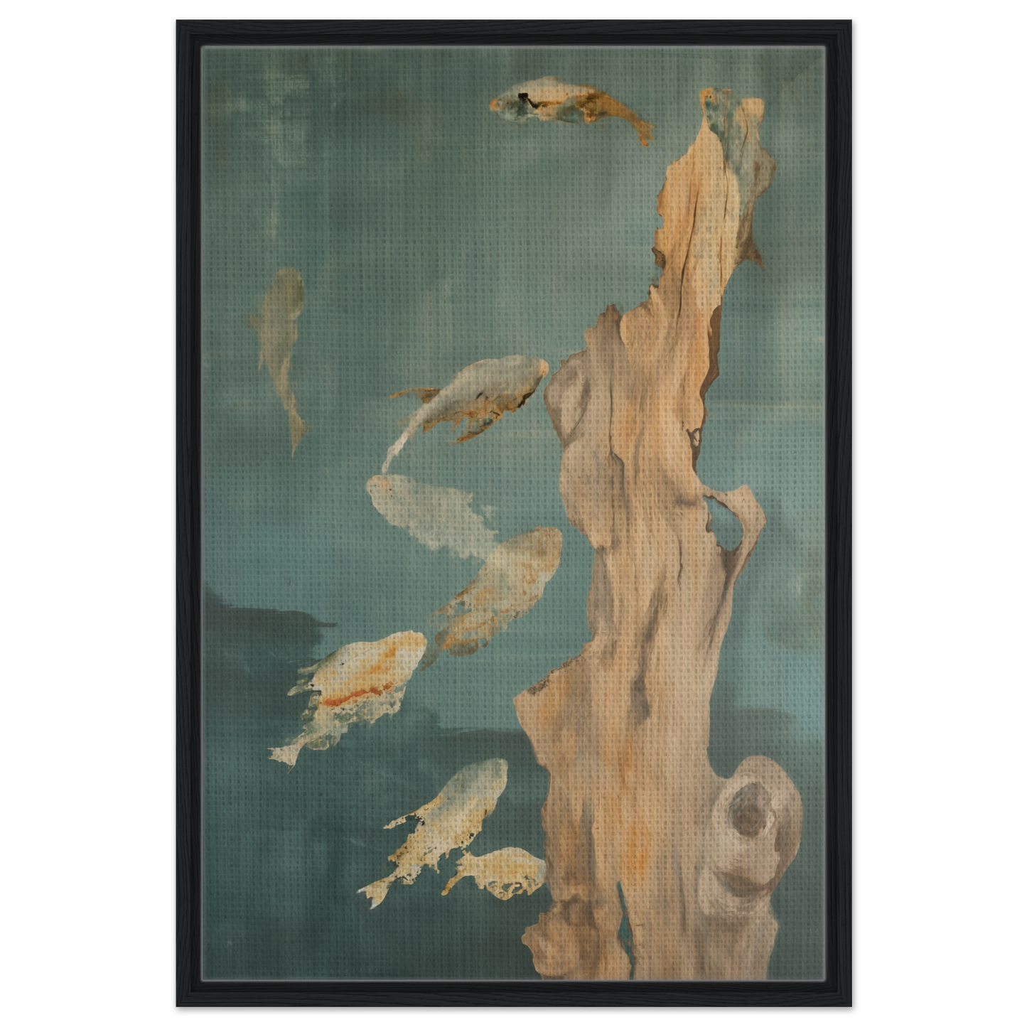 Abstract painting of fish forms surrounding an organic shape in Teal Reverie Flow room decor