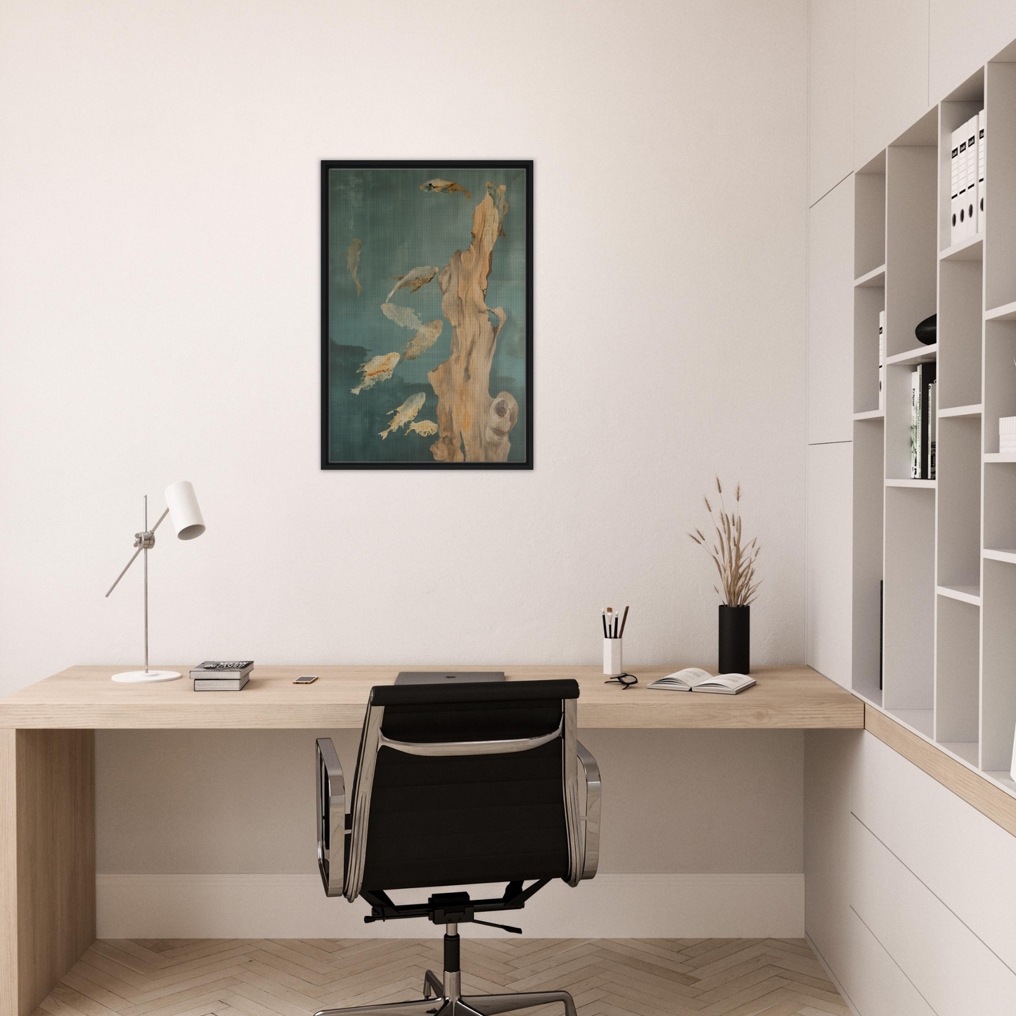 Minimalist home office featuring Teal Reverie Flow decor with a wooden desk and abstract art