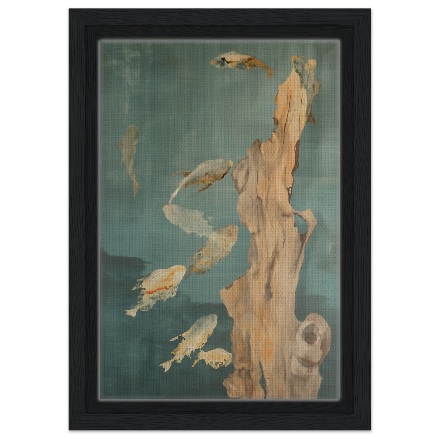 Abstract painting of a stylized tree trunk with fish, featured in Teal Reverie Flow framed canvas print