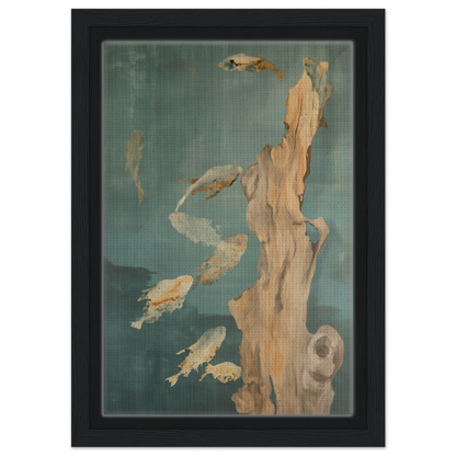 Abstract painting of a stylized tree trunk with fish, featured in Teal Reverie Flow framed canvas print