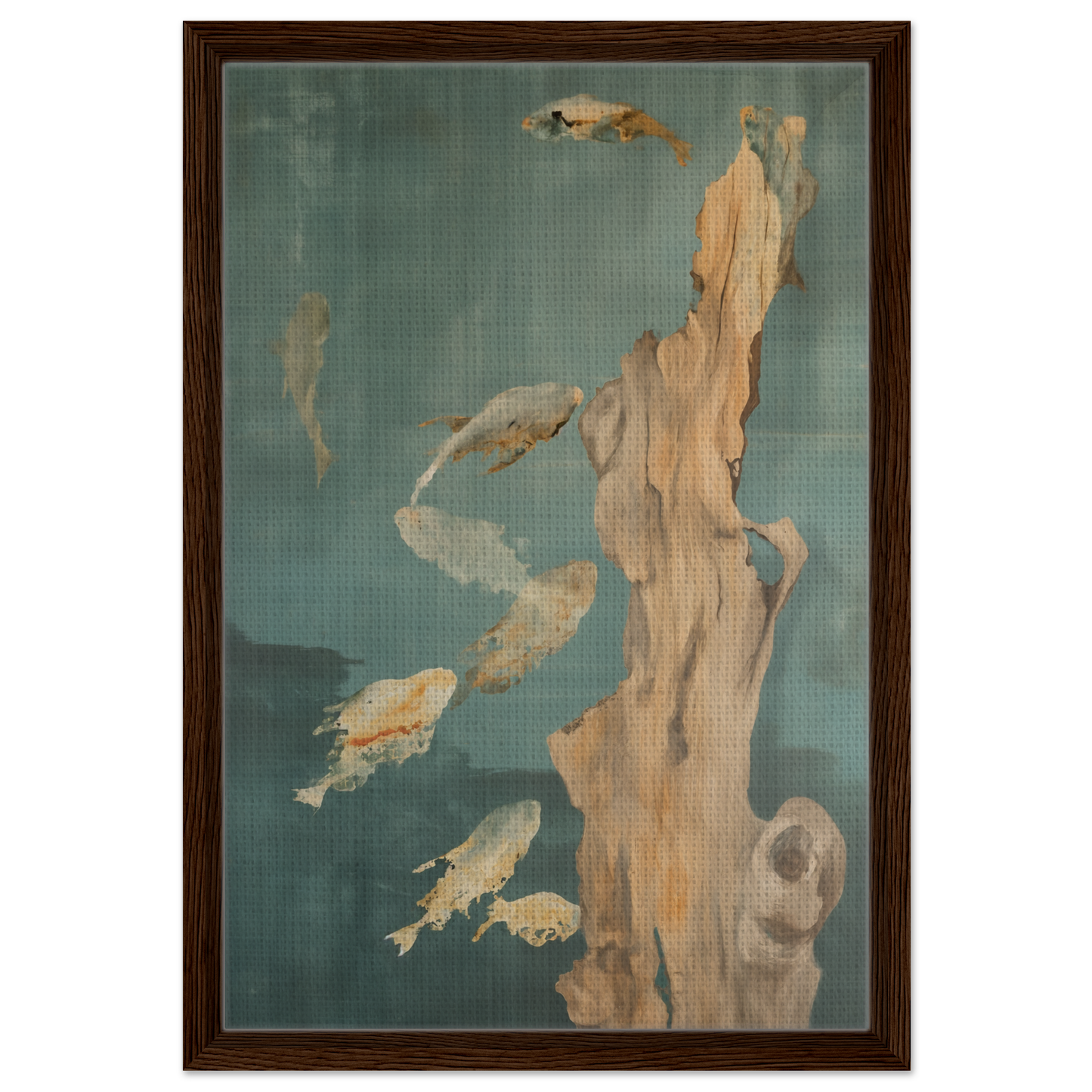 Framed canvas print of fish swimming near driftwood on a teal background, Teal Reverie Flow