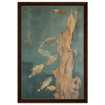 Framed canvas print of fish swimming near driftwood on a teal background, Teal Reverie Flow