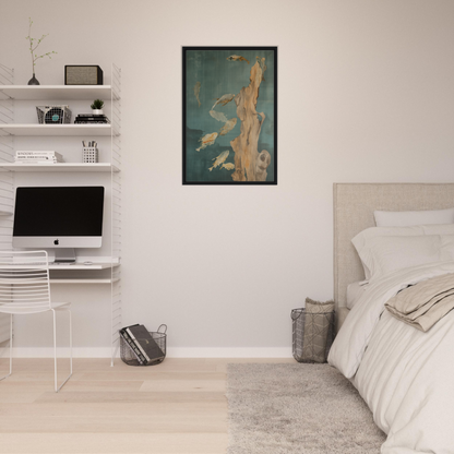 Minimalist bedroom featuring Teal Reverie Flow with framed canvas print and floating shelves