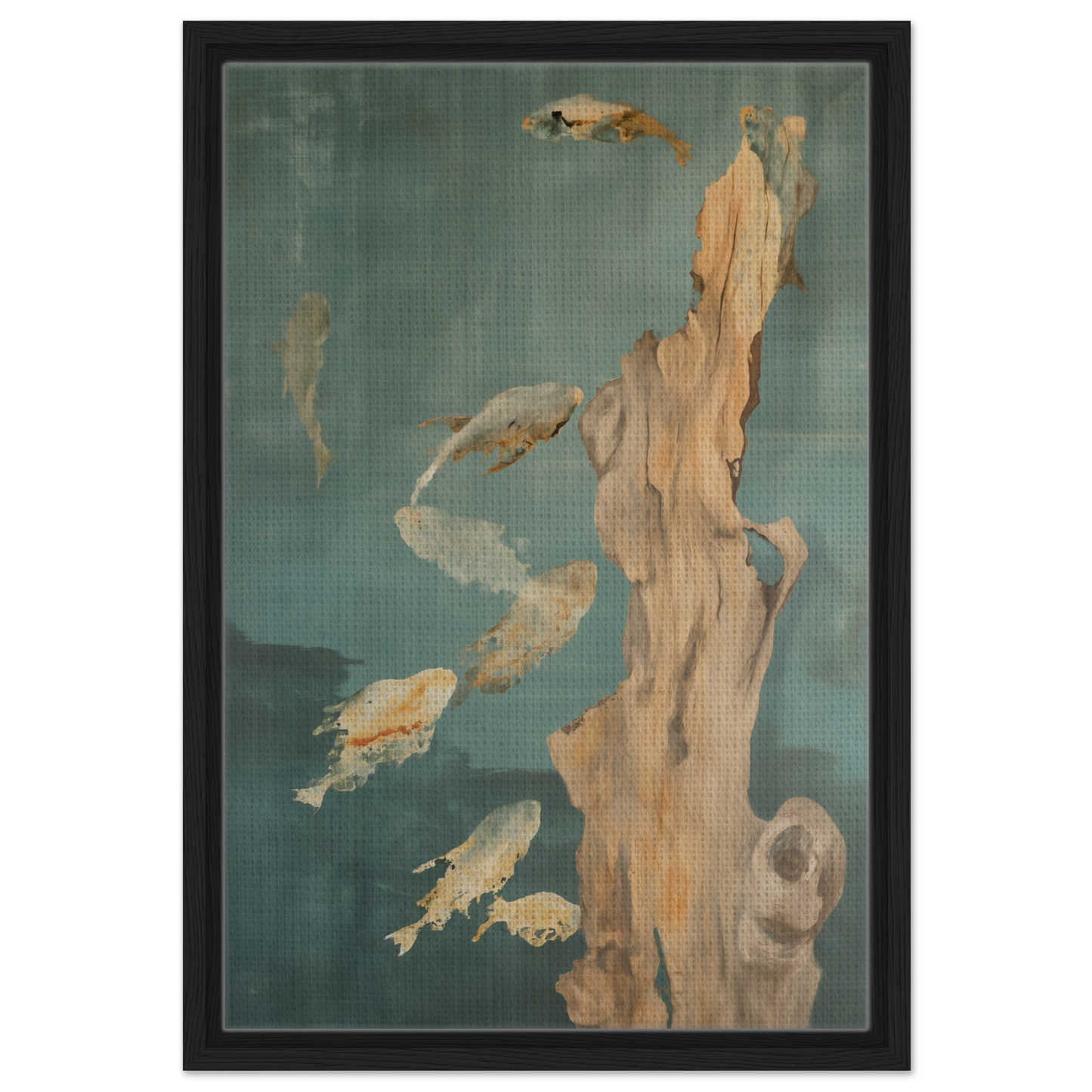 Abstract painting of golden fish and pale form in teal background for Teal Reverie Flow