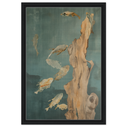 Abstract painting of golden fish and pale form in teal background for Teal Reverie Flow