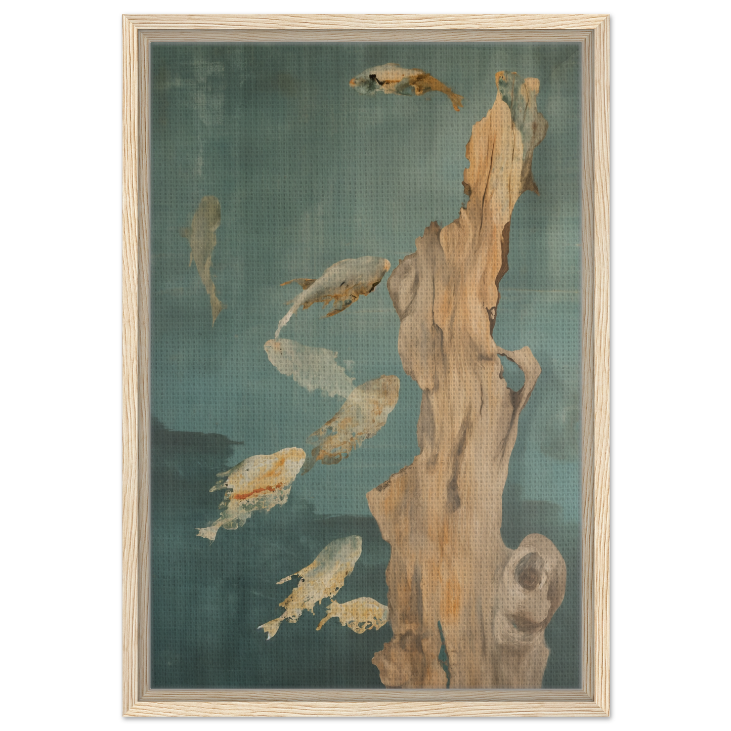 Abstract painting of golden fish and driftwood on teal background for Teal Reverie Flow room decor