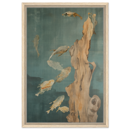 Abstract painting of golden fish and driftwood on teal background for Teal Reverie Flow room decor