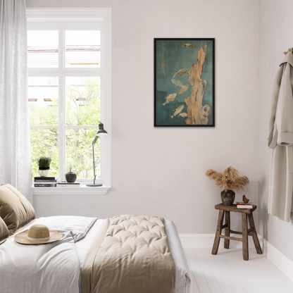 Bright, airy bedroom featuring Teal Reverie Flow decor and a framed canvas print