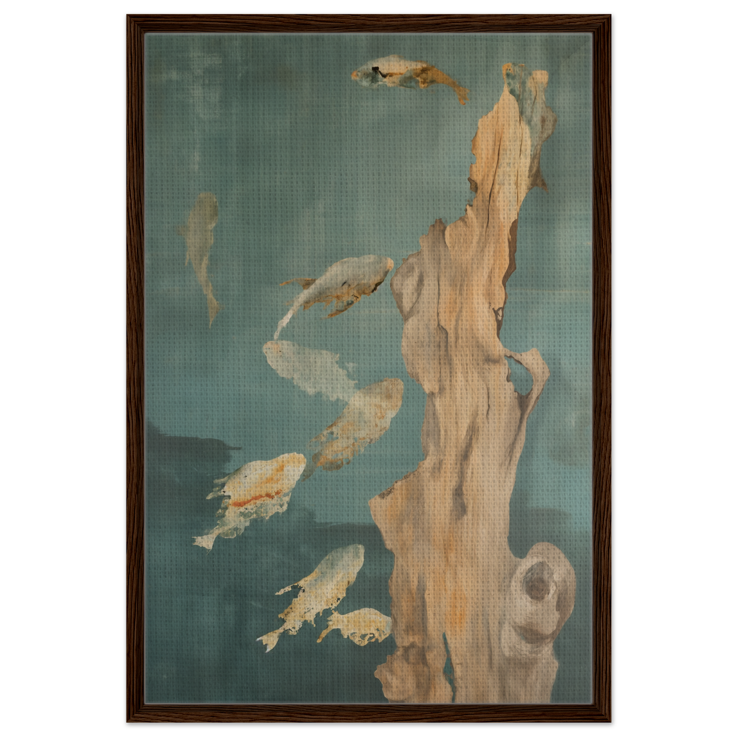 Abstract painting of fish around driftwood in Teal Reverie Flow framed canvas print