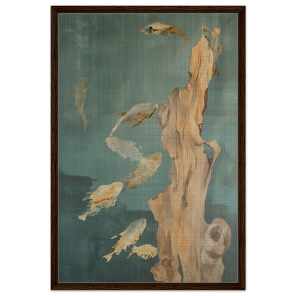 Abstract painting of fish around driftwood in Teal Reverie Flow framed canvas print