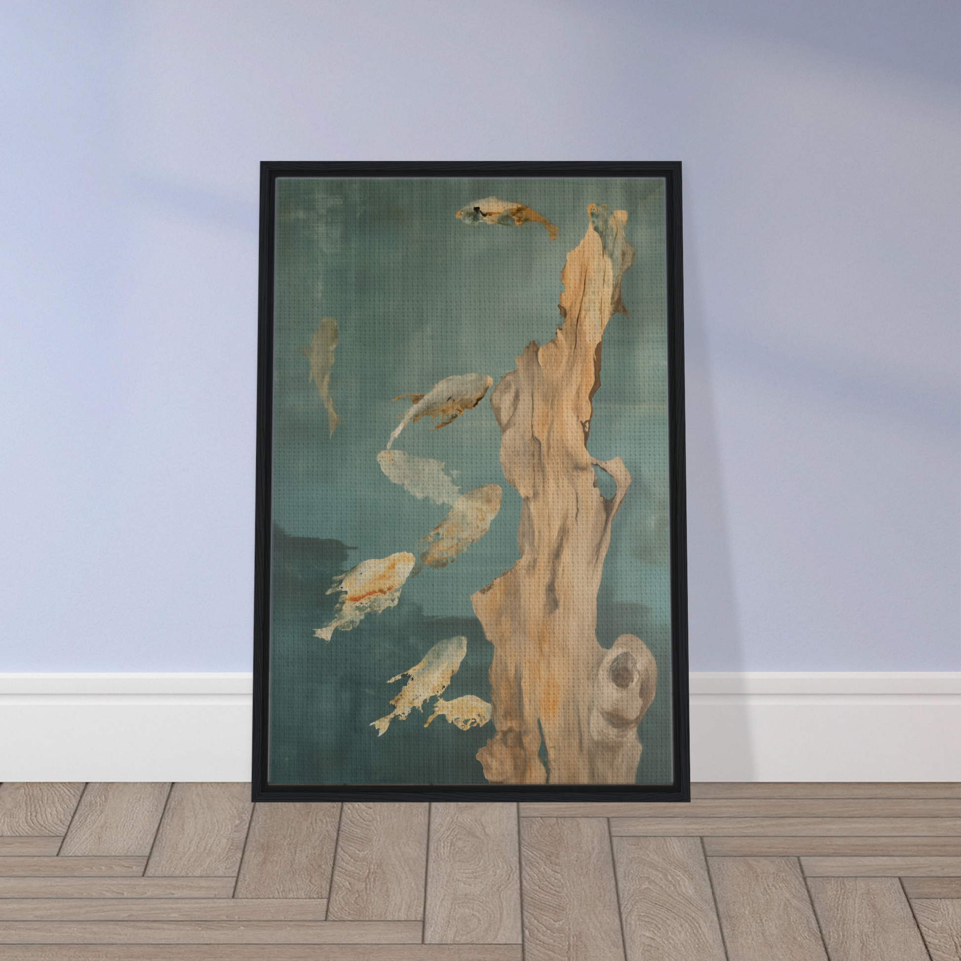 Framed canvas print of koi fish in water around driftwood, Teal Reverie Flow design