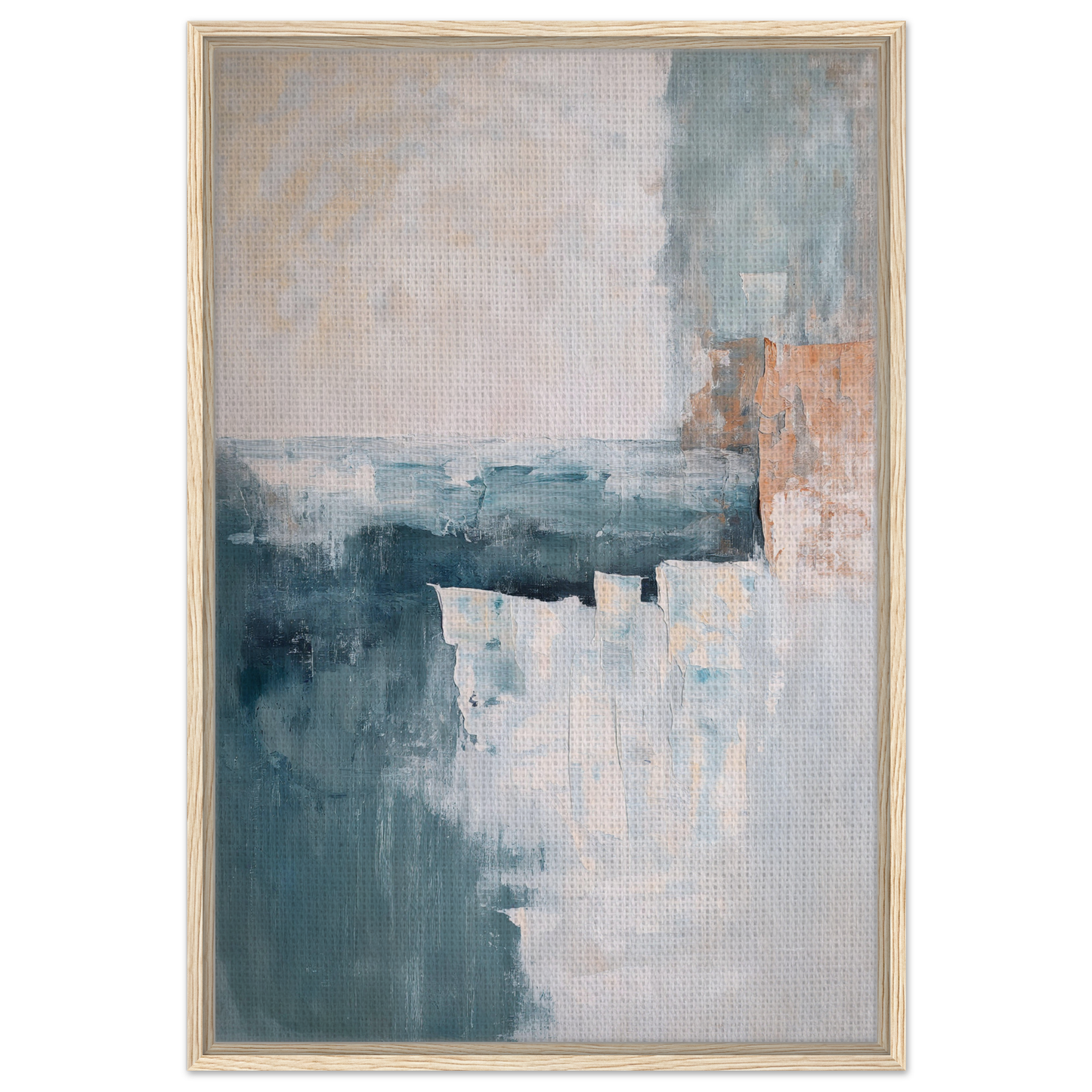 Abstract painting in muted teal, beige, and rust for Teal Twilight Harmony framed canvas