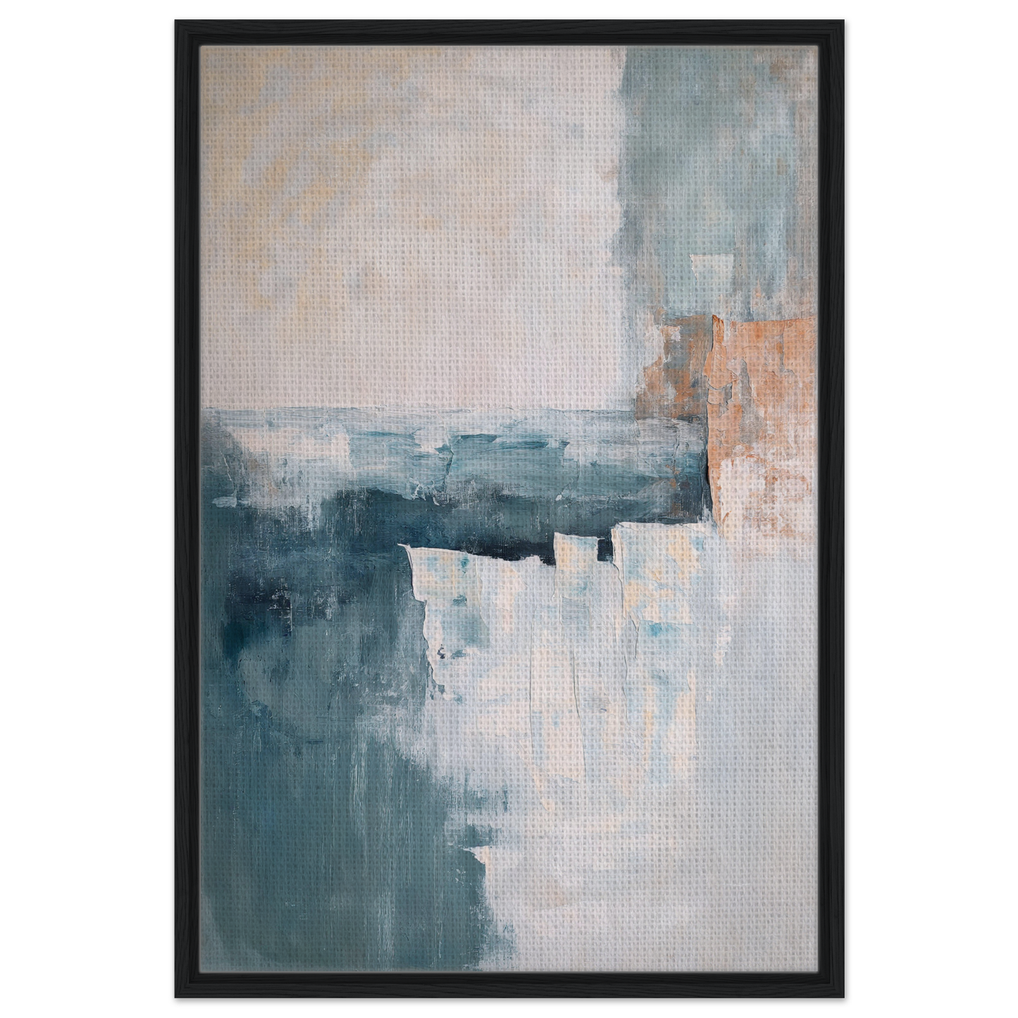 Abstract painting in muted blue, beige, and orange tones for Teal Twilight Harmony framed canvas