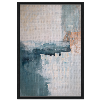 Abstract painting in muted blue, beige, and orange tones for Teal Twilight Harmony framed canvas