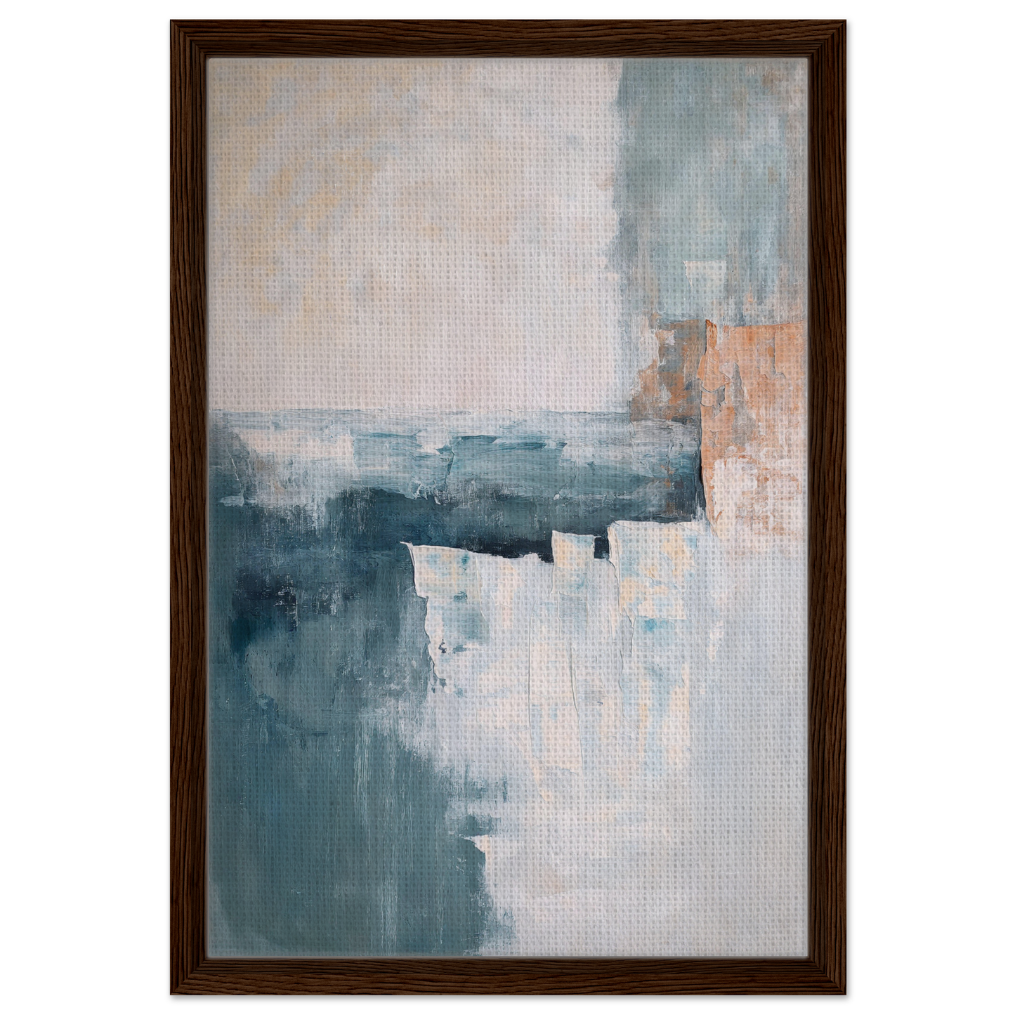 Abstract painting in muted blue, gray, and peach tones for Teal Twilight Harmony framed canvas