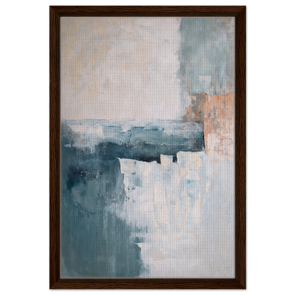 Abstract painting in muted blue, gray, and peach tones for Teal Twilight Harmony framed canvas